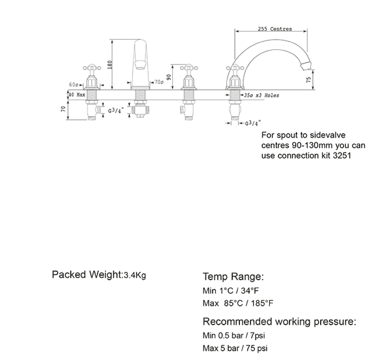 perrin rowe 3259 three hole mixer set tap crosshead handles