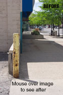 before & after photos of post covers in front of a business