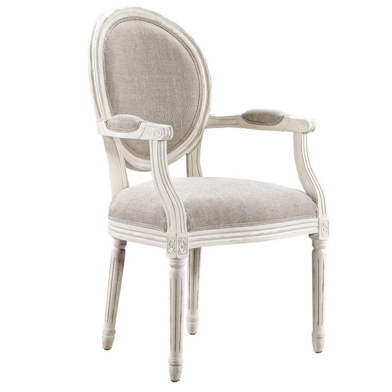Louis Vintage White Oak Round Dining Arm Chair Linen