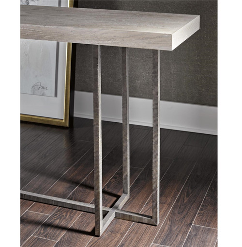 Modern Grey Oak Wood + Bronze Metal Wilder Console Table Zin Home