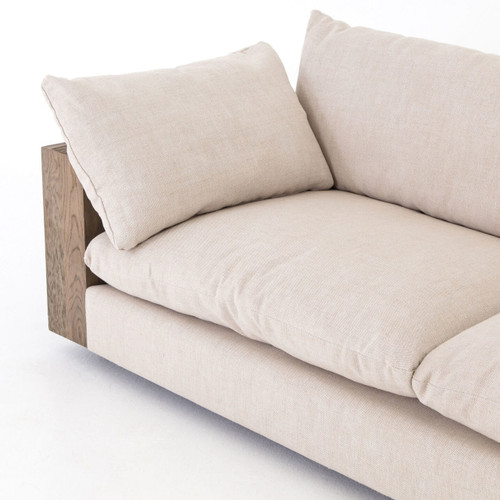Bernard Beige Cushion Back Exposed Oak Wood Frame Sofa ... Item features a solid wood frame with exposed sculpted spindle back, loose cushions, upholstered.