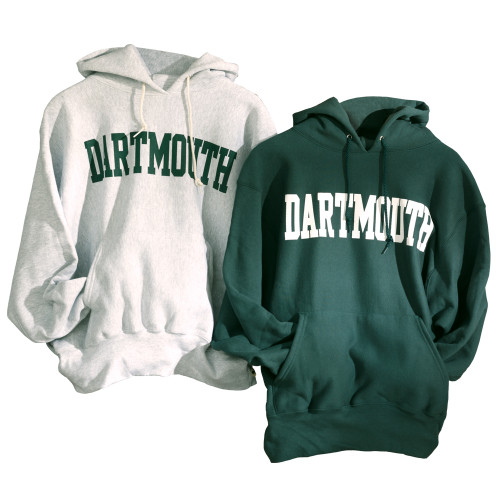 Grey or green hooded sweatshirt with 'Dartmouth' across the chest in either green or white Grey or green hooded sweatshirt with 'Dartmouth' across the chest in either green or white