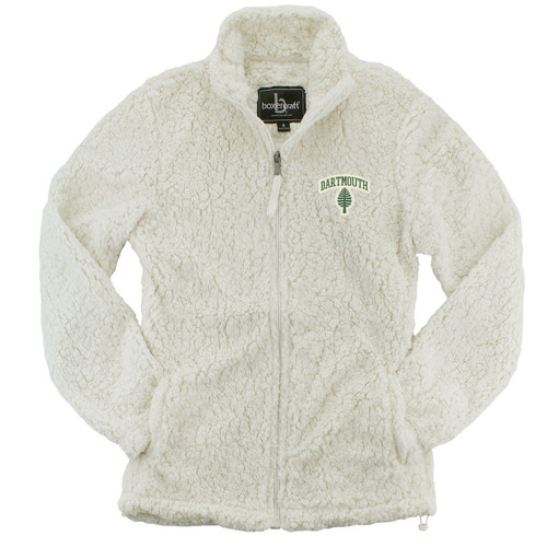 Women's white full zip sweatshirt with lone pine and 'Dartmouth' on left side in green Women's white full zip sweatshirt with lone pine and 'Dartmouth' on left side in green