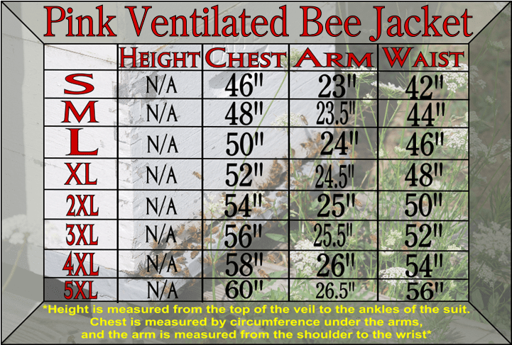 Pink ventilated bee jacket size chart Pink ventilated bee jacket size chart