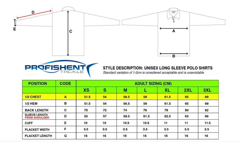 Profishent Sublimated Fishing Shirt Sizes