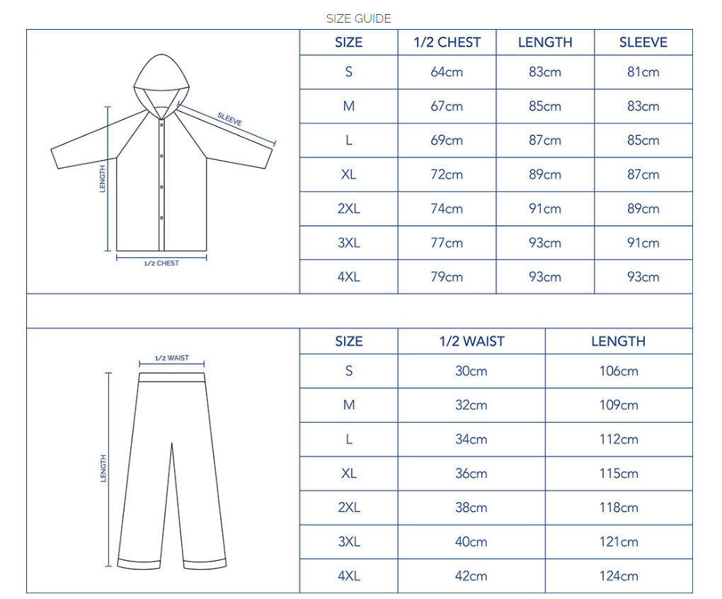 Rain Suit Size Guide Rain Suit Size Guide