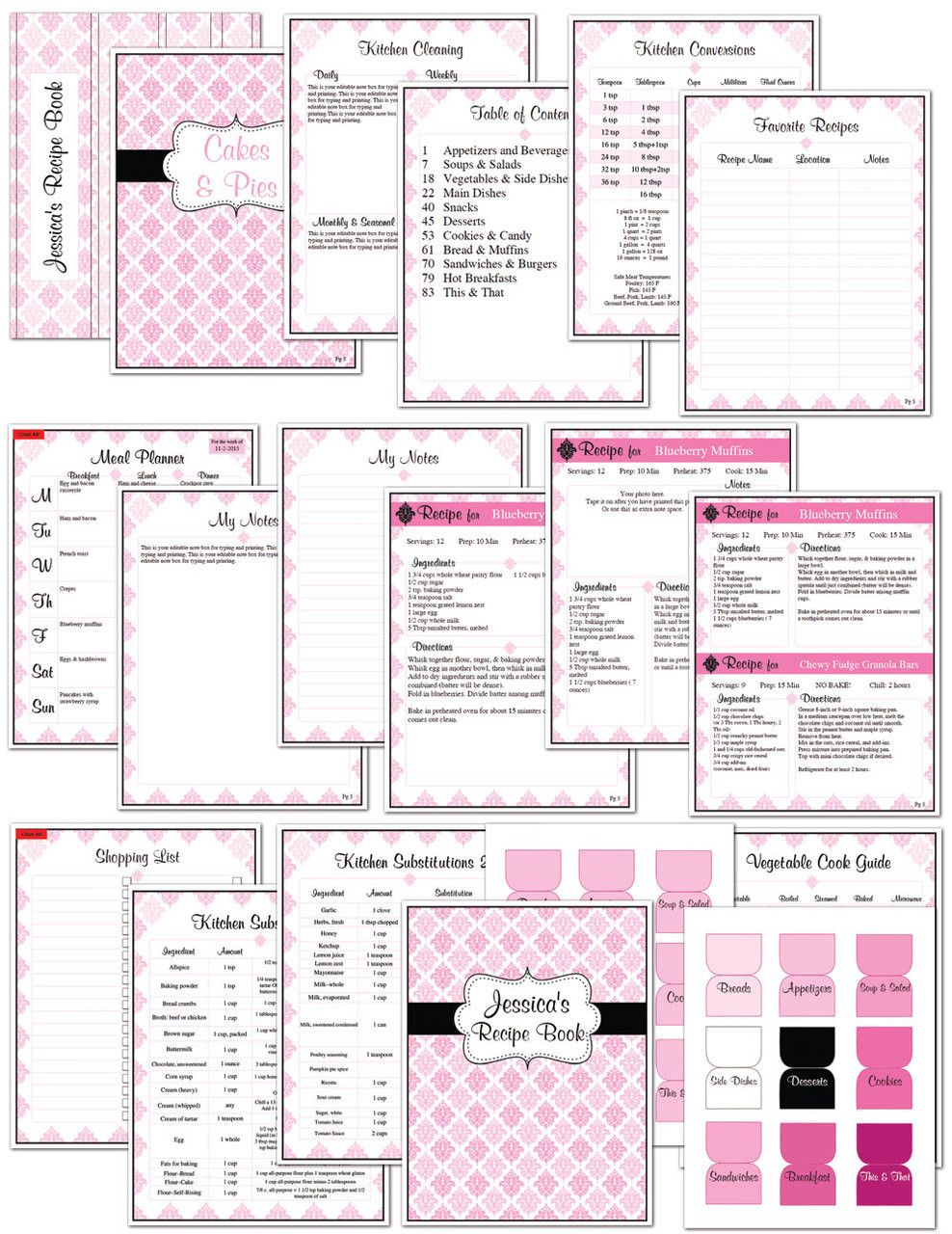 Pink Damask Printable Recipe Book Template Editable PDF