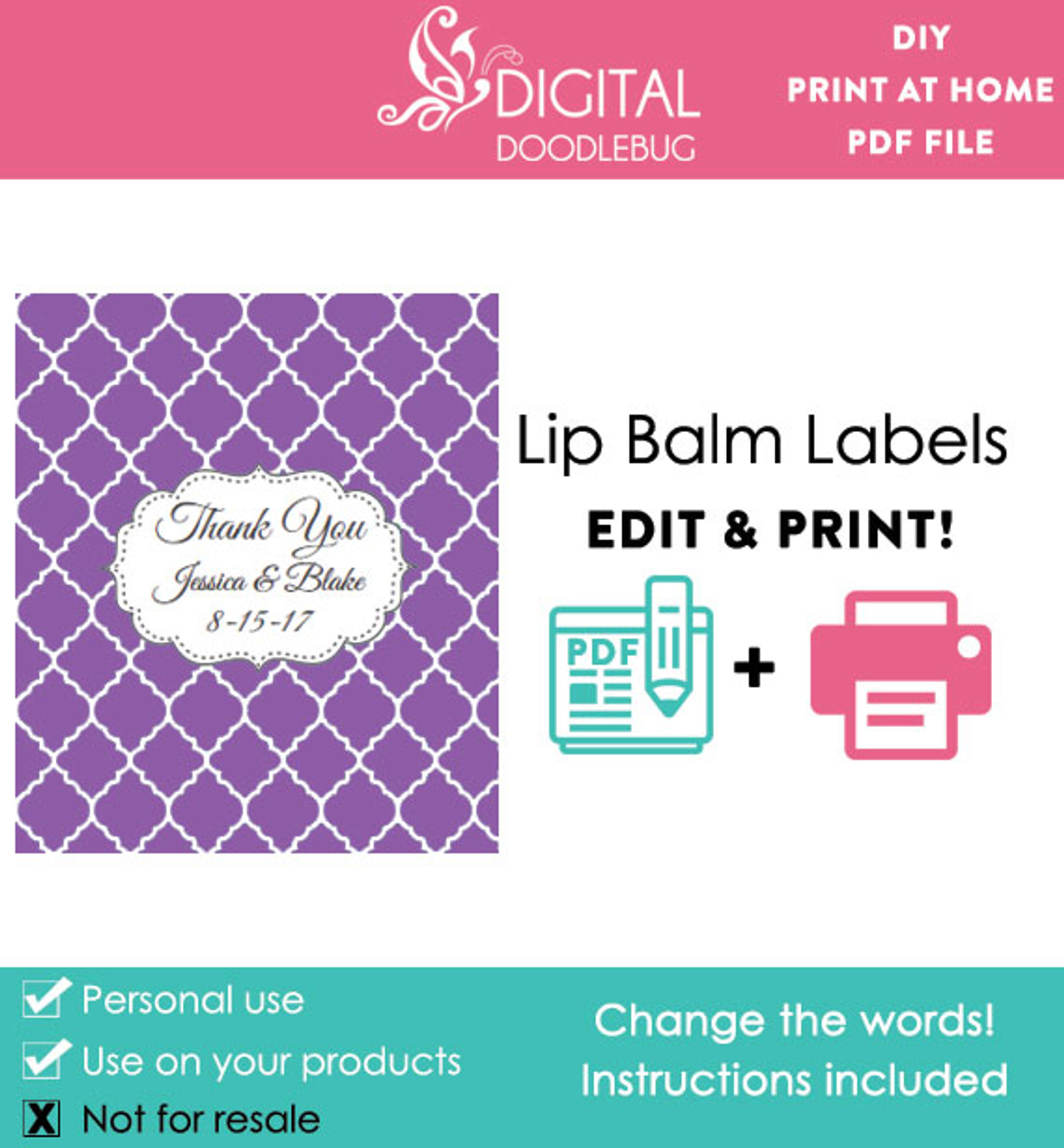 purple quatrefoil printable lip balm labels editable pdf