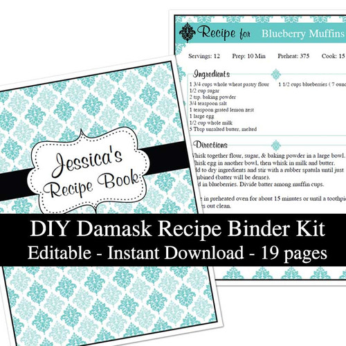 Blue Damask Printable Recipe Book Template Editable PDF