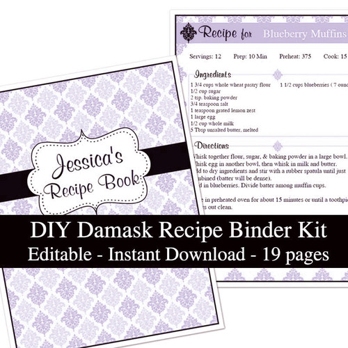 Purple Damask Printable Recipe Book Template Editable PDF