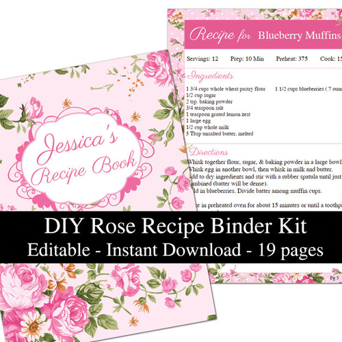 Pink Roses Printable Recipe Book Template Editable PDF