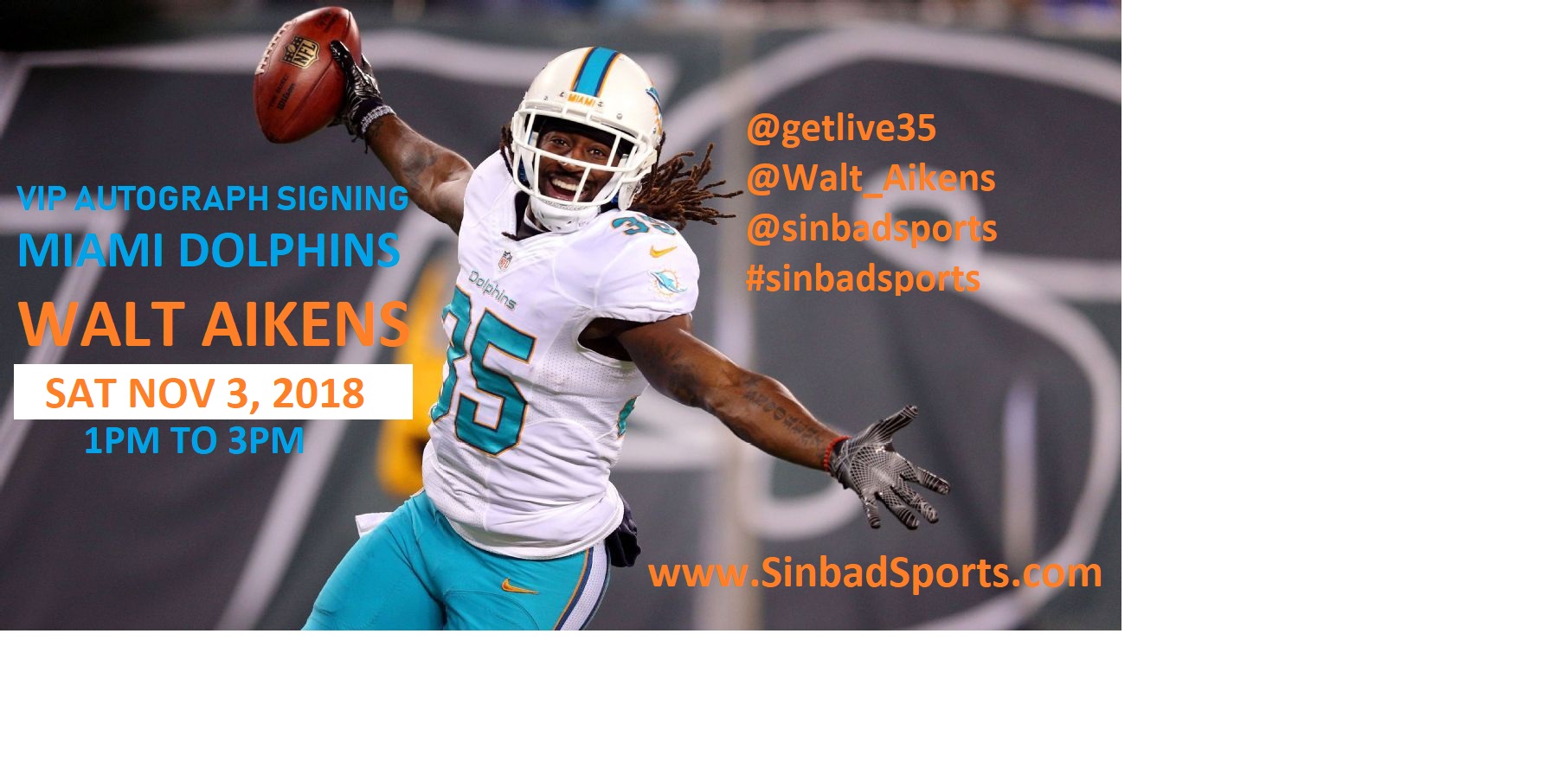 NFL Miami Dolphins Walt Aikens #35 Signed Photograph 16x20 Picture