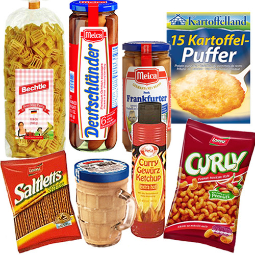 Authentic German - Beer Mug - shaped pasta, Deutschlaender Premium Pork Sausages, Original Frankfurter Sausages, Potato Pancake Mix, Medium Hot Mustard in a glass stein, Curry Ketchup from Bremen, Curly "Peanut Flips" (Peanut-Flavored Corn Puffs), Frankfurt Salty Sticks