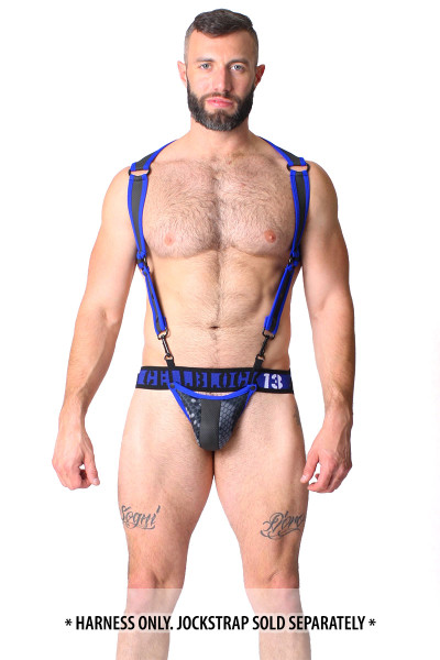 Blue - CellBlock 13 Cyber X-Treme Harness CBS096 - Front View - Topdrawers Underwear for Men Blue - CellBlock 13 Cyber X-Treme Harness CBS096 - Front View - Topdrawers Underwear for Men
