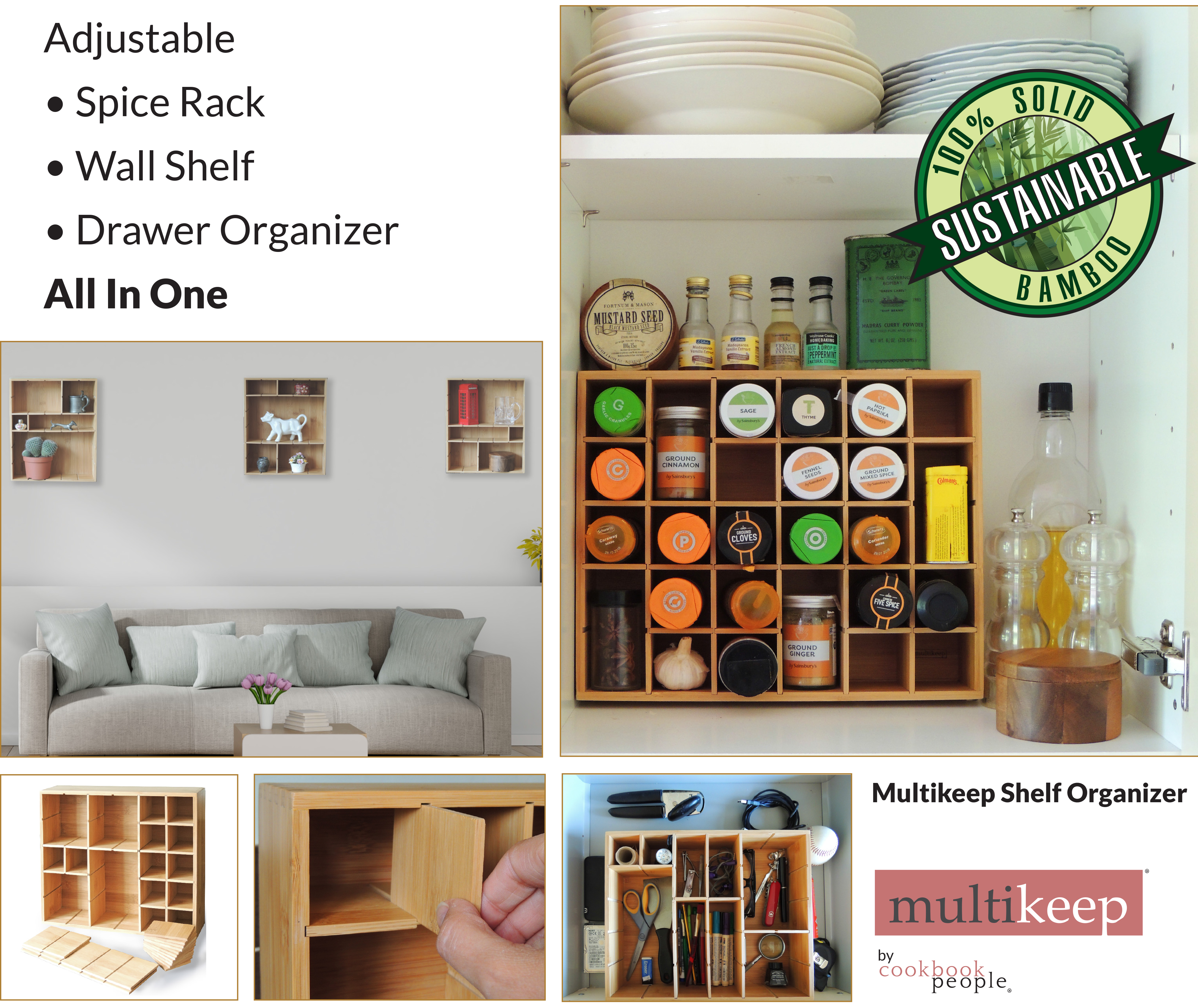 Multi-functional Double Stack Adjustable Width Spice Shelf Organizer Rack