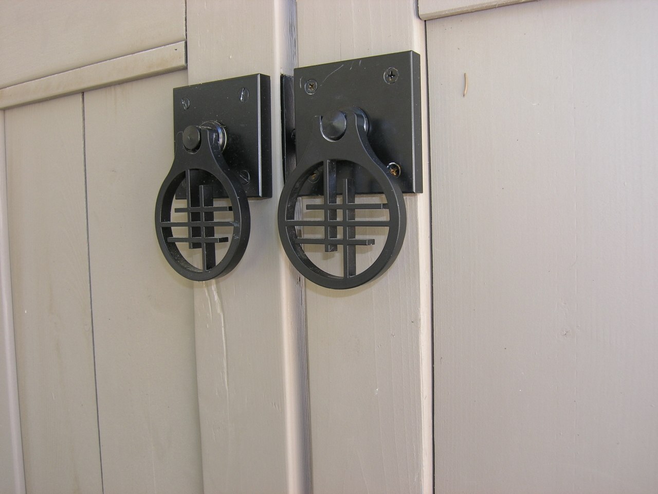 Asian Inspired Design Gate Hardware Package Installed Double Gate Closeup Angled