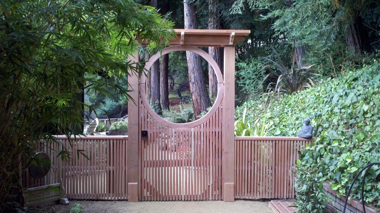 Asian inspired design gate hardware package installed moon gate
