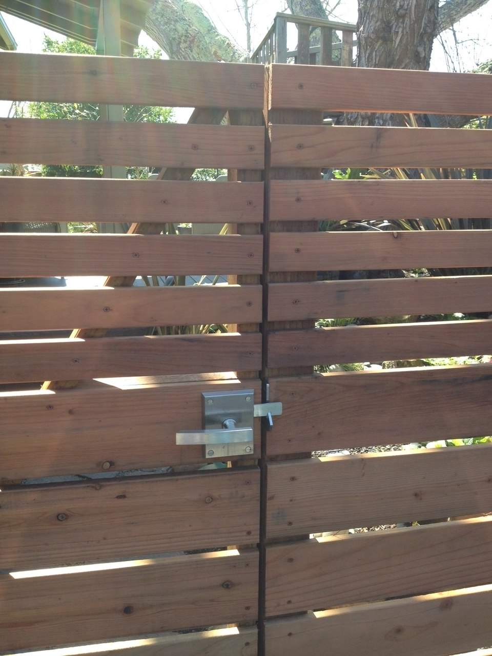 Contemporary Alta Stainless Steel Gate Latch on Double Wooden Gate Closeu
