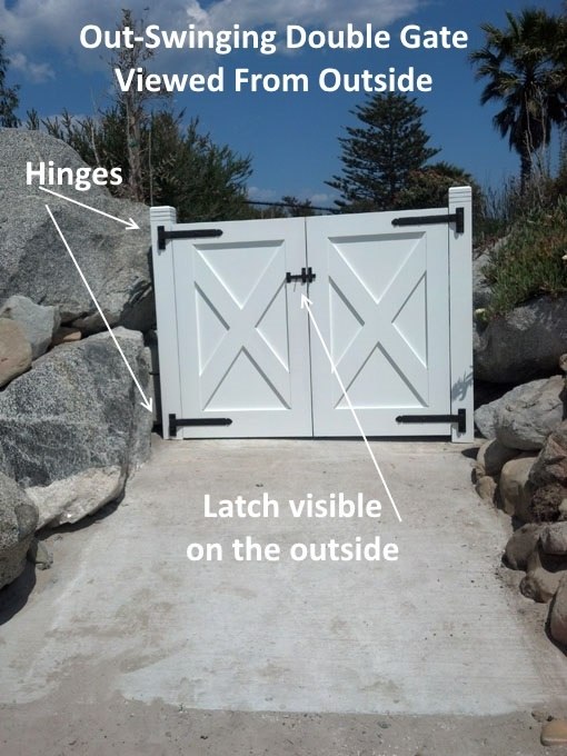 Outswinging Double Gate viewed from the street with Coastal Bronze Strap Hinge 20 317 and 20 250 with coastal bronze thumb latch 40 300 Straight