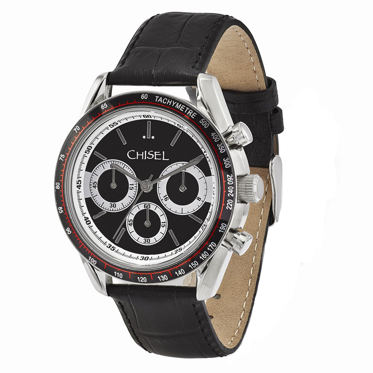 Chisel Chronograph Tachymeter Quartz Black Leather Mens Watch TPW105