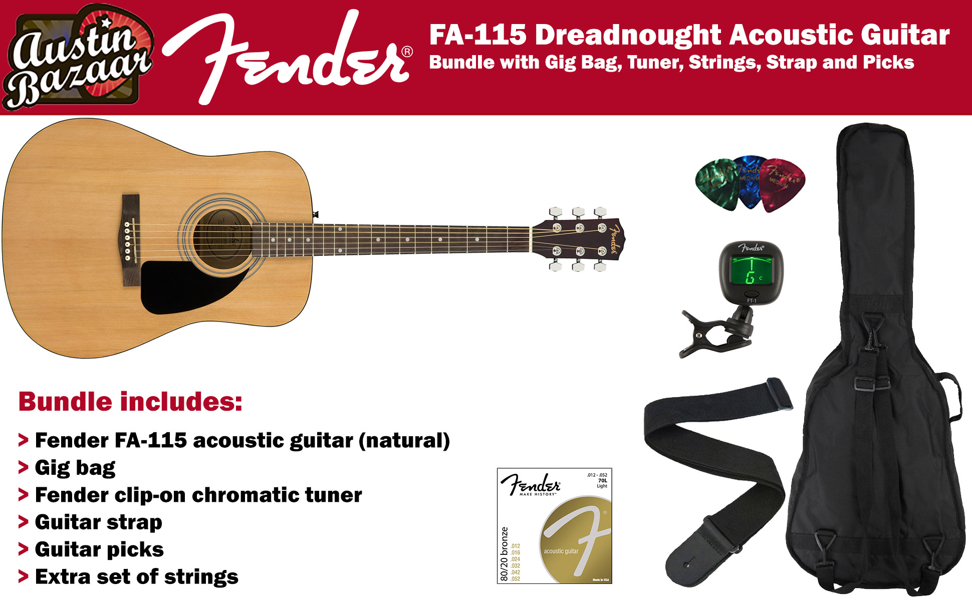 Fender FA-115 Dreadnought Acoustic Guitar - Natural w/ Gig Bag