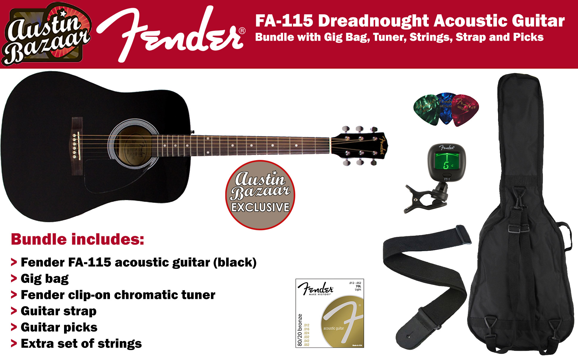 Fender FA-115 Dreadnought Acoustic Guitar - Black w/ Gig Bag