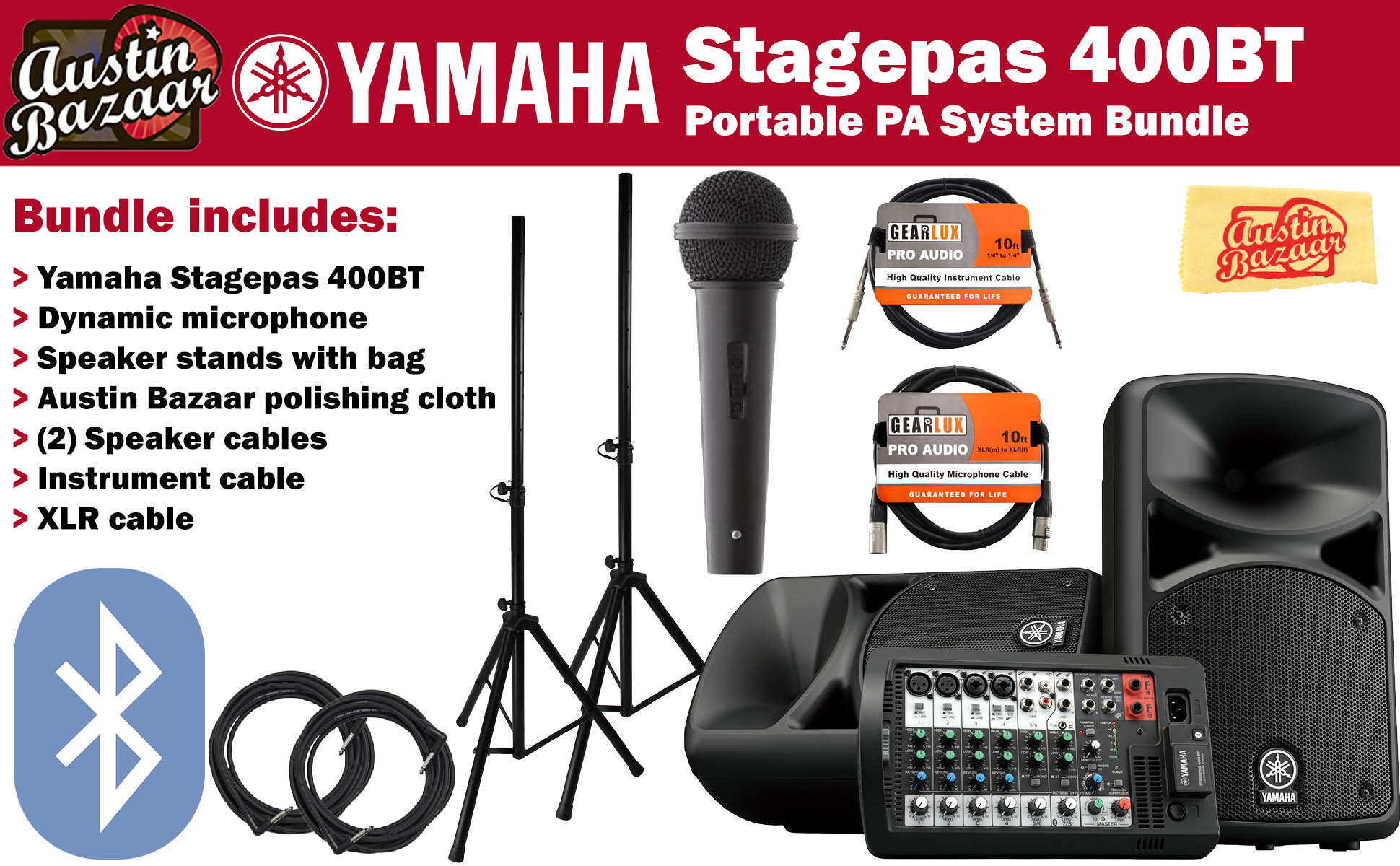 Yamaha STAGEPAS 400BT Portable PA System Bundle w/ Microphone