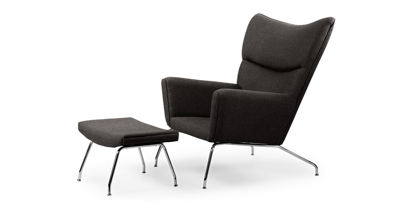 Wegner Wing Chair & Ottoman, Charcoal - Kardiel