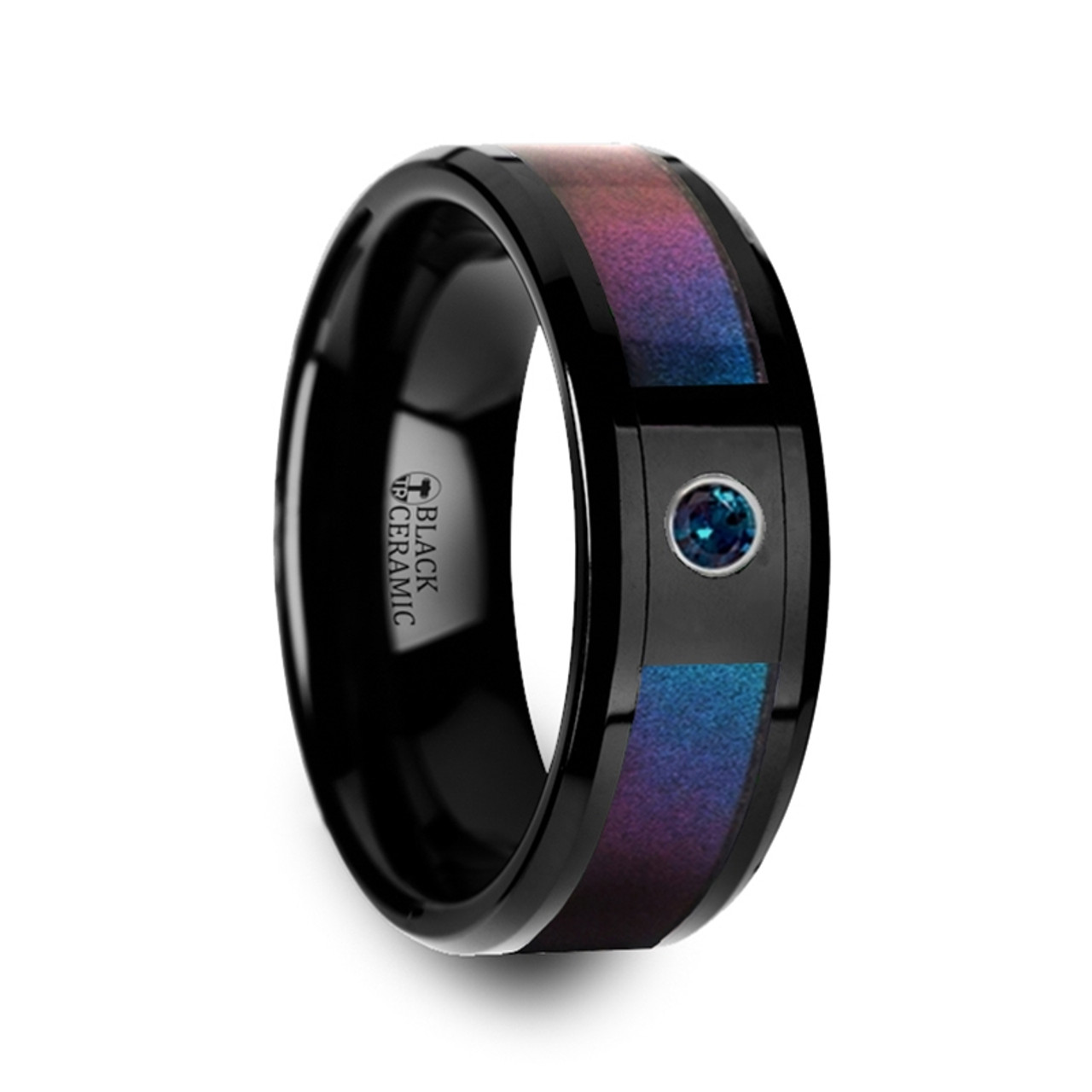 Pythodelos Black Ceramic Men S Wedding Band With Blue Purple Color Pythodelos Black Ceramic Men S Wedding Band With Blue Purple Color Changing Inlay And Alexandrite