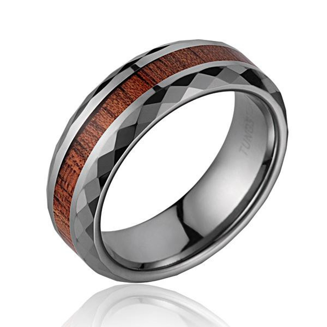 Diamond Faceted Men S Tungsten Wedding Band With Koa Wood Inlay Diamond Faceted Men S Tungsten Wedding Band With Koa Wood Inlay