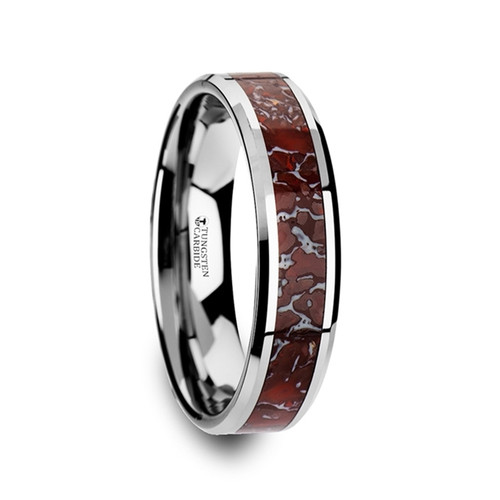 Dyscinitus Tungsten Carbide Wedding Band With Red Dinosaur Bone Dyscinitus Tungsten Carbide Wedding Band With Red Dinosaur Bone Inlay
