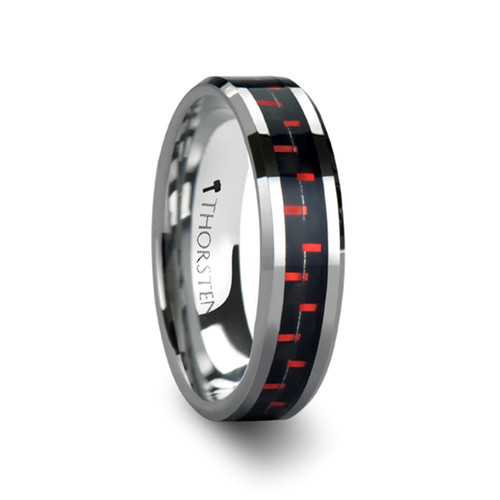 Alaric Tungsten Carbide Wedding Band With Black Red Carbon Fiber Alaric Tungsten Carbide Wedding Band With Black Red Carbon Fiber Inlay