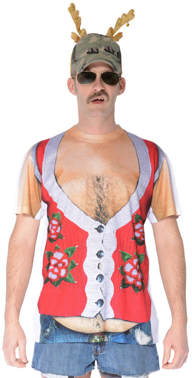 Faux Real Hairy Belly Poinsetta Sweater T-Shirt - Front View