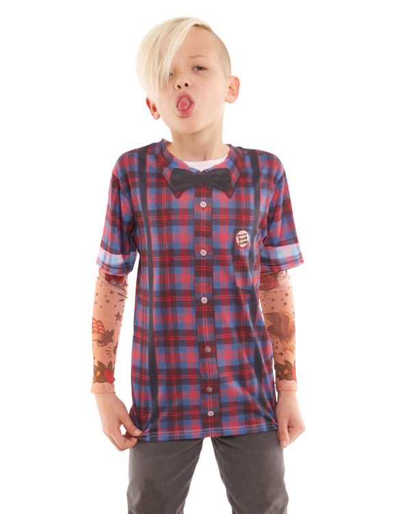 Youth Hipster Bow Tie & Suspenders Tattoo Tee W/ Mesh Sleeves