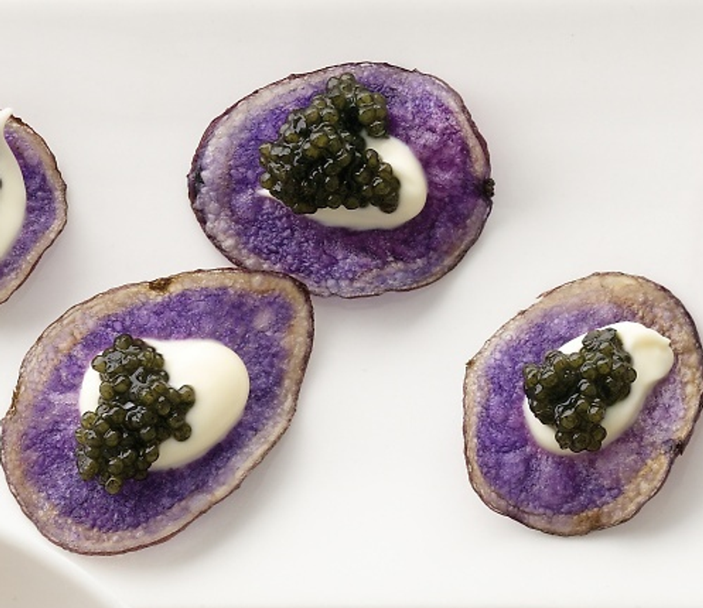 Caviar Recipes - Purple Potato Chips with Creme Fraiche and Osetra Caviar