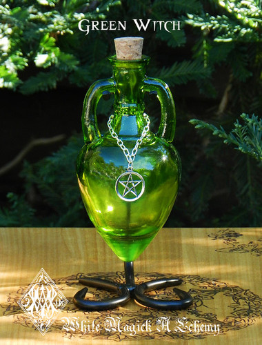 Potion Bottle GREEN WITCH with Metal Stand - Emerald Chartreuse with Silver Pentacle Charm
