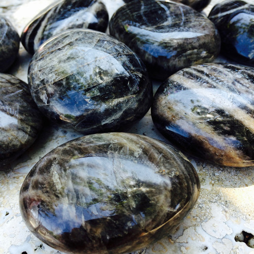 Black Moonstone Palm Stones with Rainbows Jumbo Sized