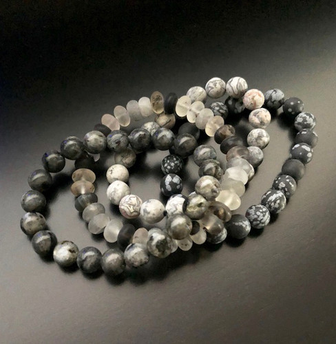 Labradorite, Quartz, Jasper & Snowflake Obsidian Boho Bracelet Stack of Four