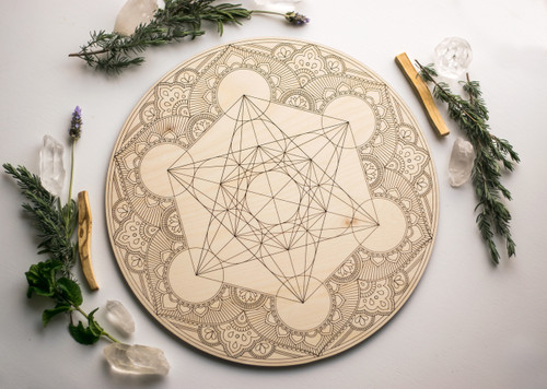 Sacred Geometry Metatron's Cube Mandala Wooden Crystal Grid Altar Board Large 14"