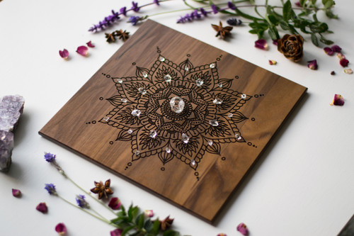Sacred Geometry Flower of Life or Metatron's Cube with Mandala 7" Walnut Crystal Grid Altar Board