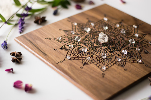 Sacred Geometry Flower of Life or Metatron's Cube with Mandala 7" Walnut Crystal Grid Altar Board