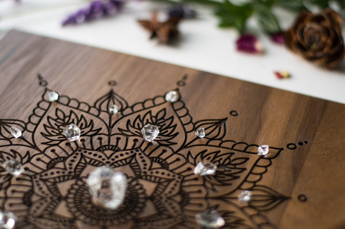 Sacred Geometry Flower of Life or Metatron's Cube with Mandala 7" Walnut Crystal Grid Altar Board