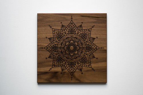Sacred Geometry Flower of Life or Metatron's Cube with Mandala 7" Walnut Crystal Grid Altar Board