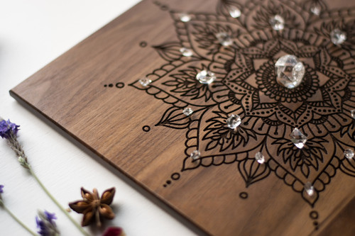 Sacred Geometry Flower of Life or Metatron's Cube with Mandala 7" Walnut Crystal Grid Altar Board