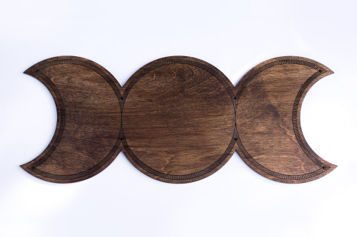 Triple Goddess Moon Shrine Wooden Altar Crystal Board - Maiden, Mother & Crone