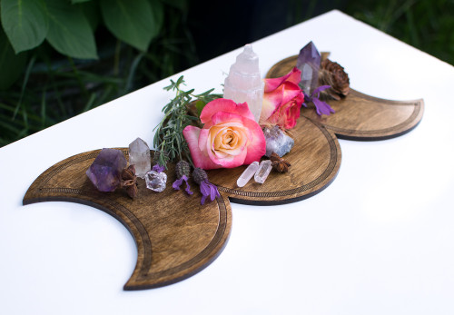 Triple Goddess Moon Shrine Wooden Altar Crystal Board - Maiden, Mother & Crone