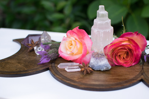 Triple Goddess Moon Shrine Wooden Altar Crystal Board - Maiden, Mother & Crone