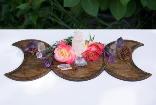 Triple Goddess Moon Shrine Wooden Altar Crystal Board - Maiden, Mother & Crone
