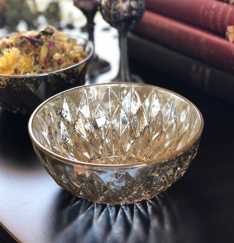 Vintage Diamond Distressed Mercury Glass Offering Bowl