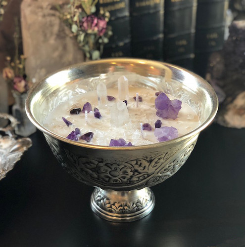 Crystal Goddess Gemstone Chalice with Amethyst & Quartz - Alchemy Ritual Sacred Crystal Chalice Candles